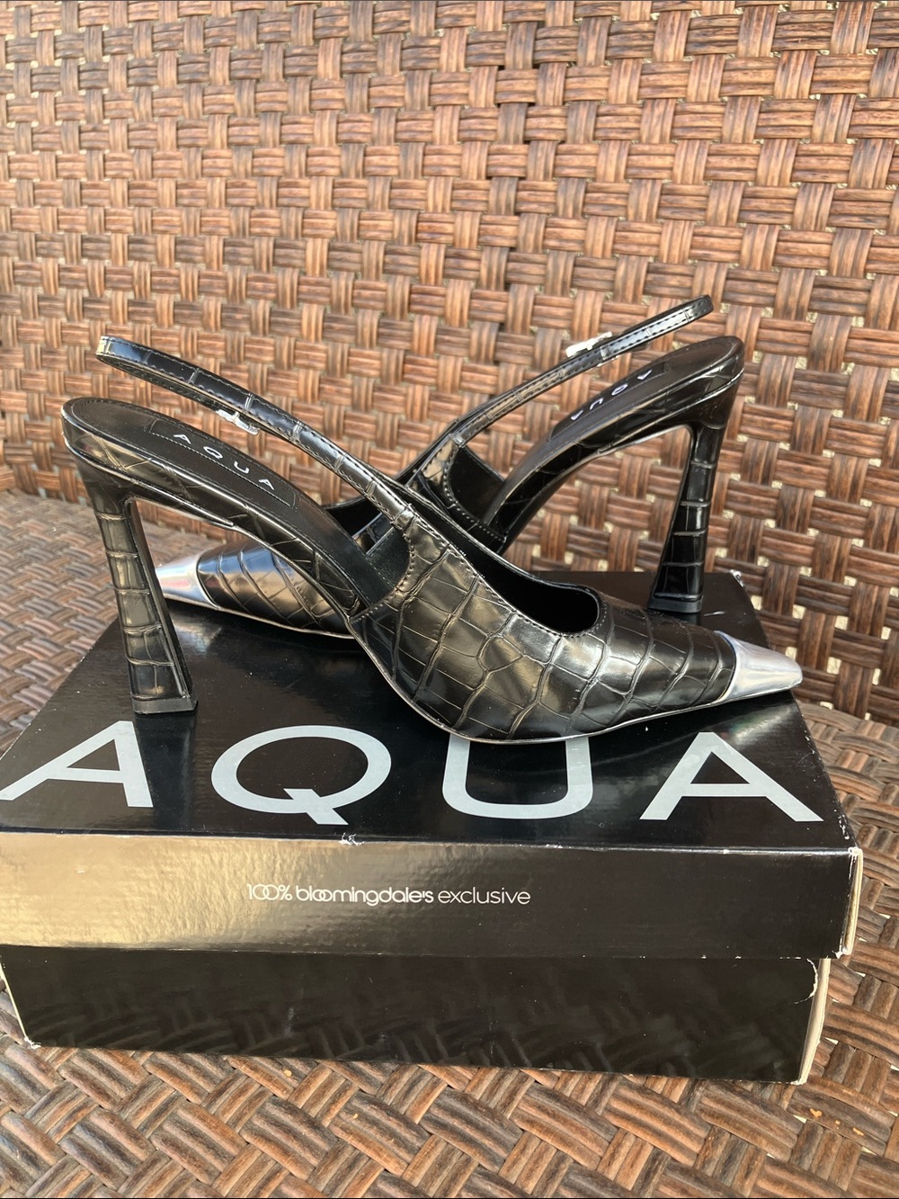 Aqua Black Croc-Embossed Slingback Heels with Silver Toe Cap